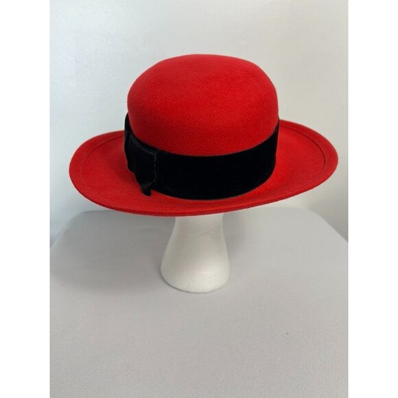 Vibes Women's Velvet Ribbon Trim Wool Hat in Red / Black - Sz S - Picture 3 of 10